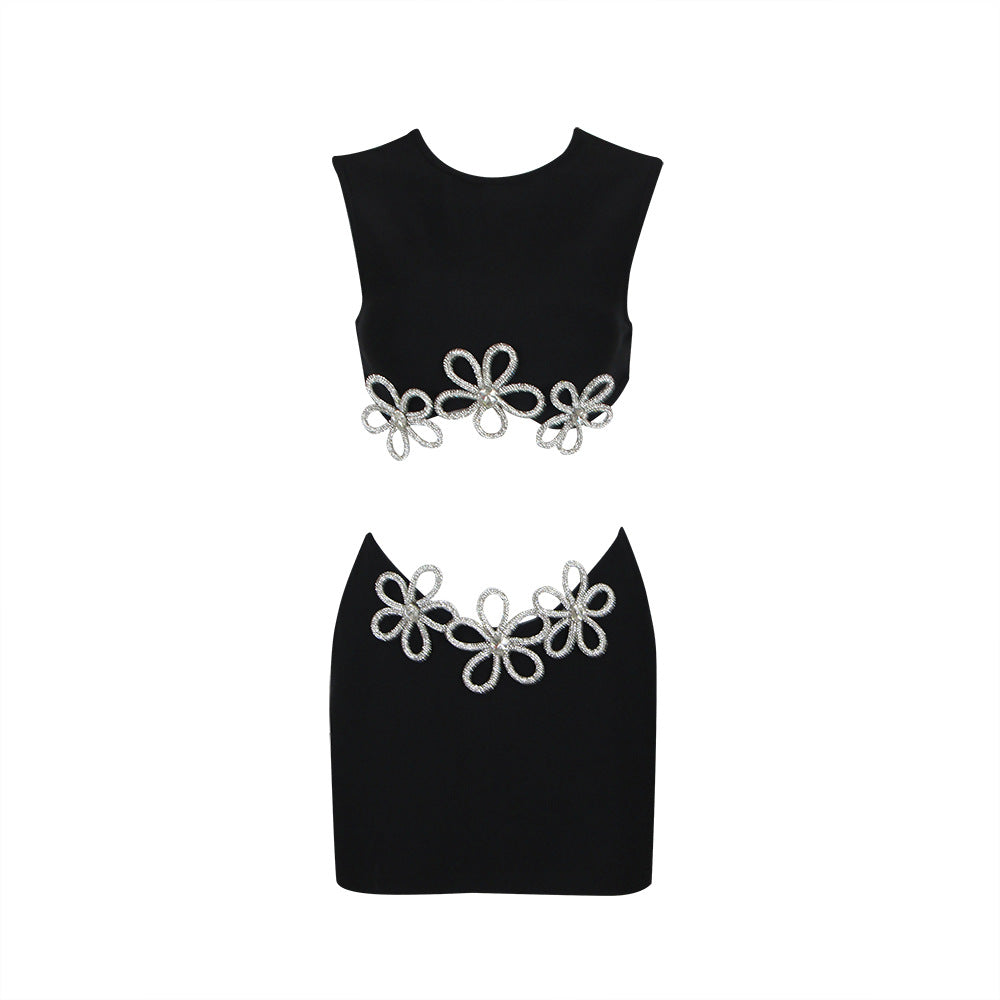 Women's Fashion Cutout Sleeveless Rhinestone Top Skirt Suit Bandage