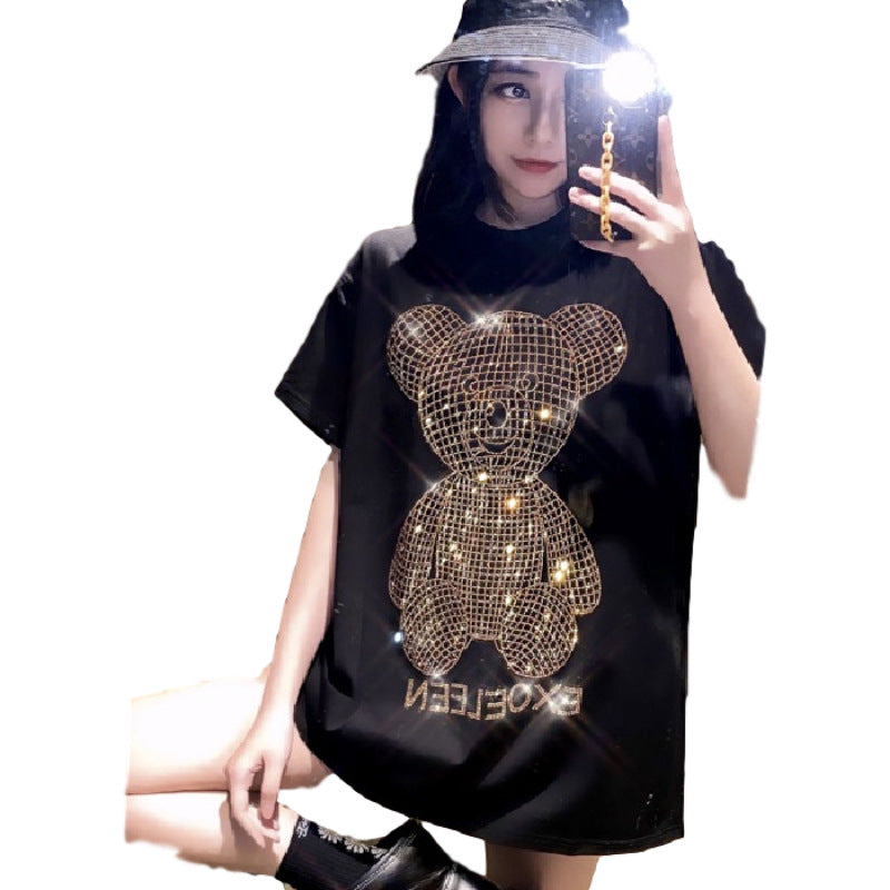Gold Sparkling Hot Diamond Mid-length T-shirt Women