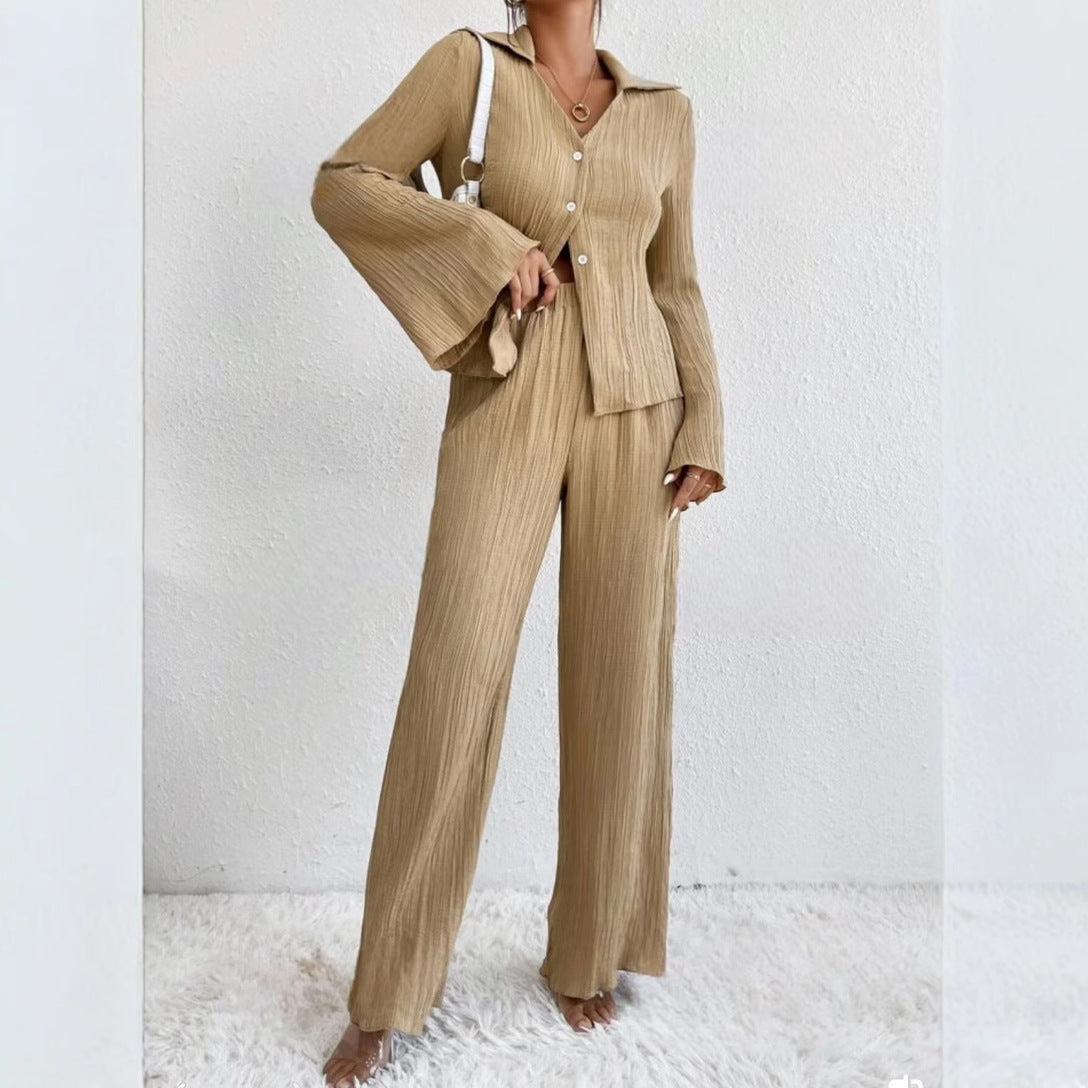 Solid-color Pleated Fashion Long-sleeve Shirt And Wide-leg Pants Casual Set