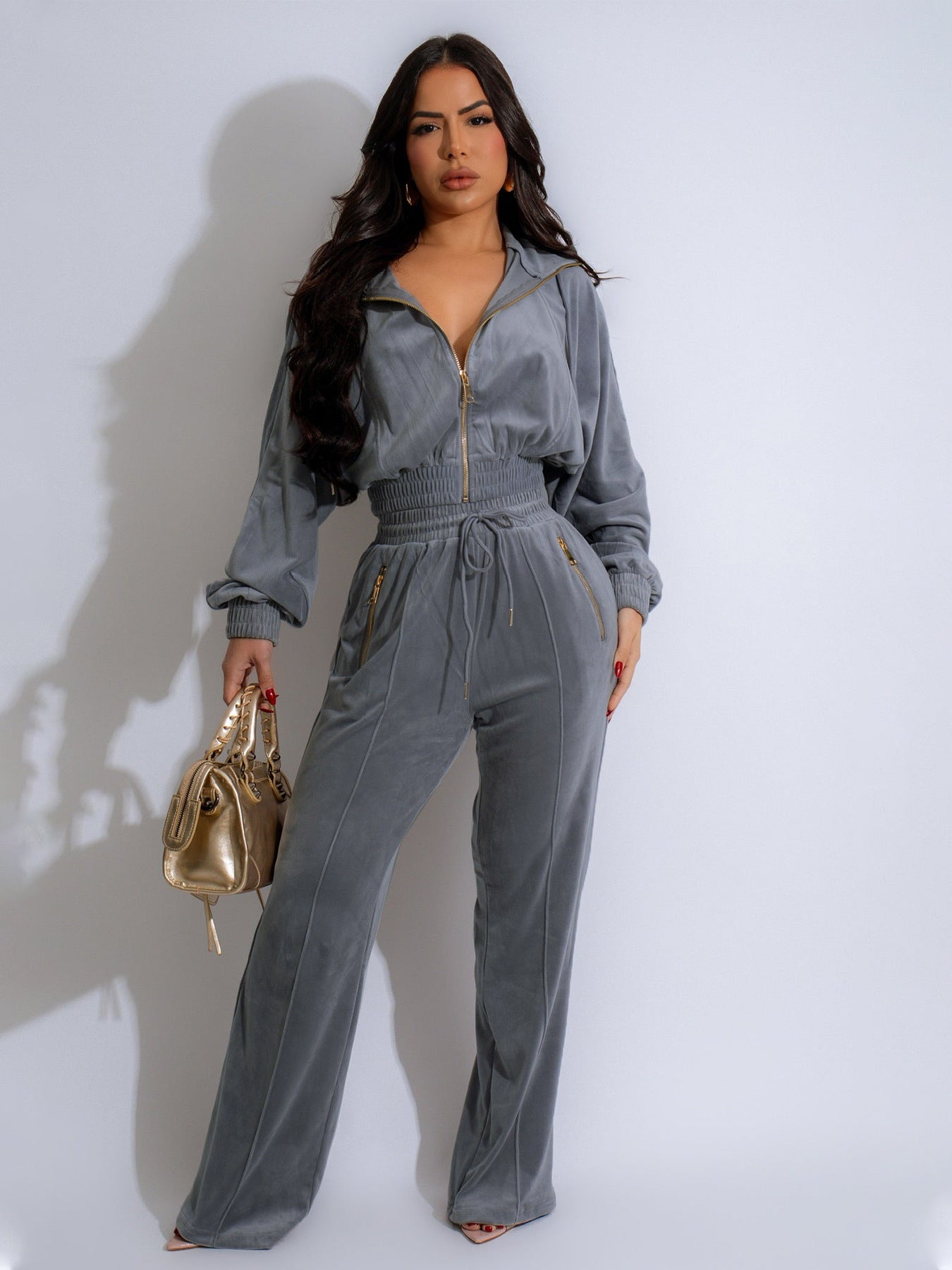 Womens Long-Sleeve Lapel Zip-Up Cardigan And Trousers Winter Two-Piece Set