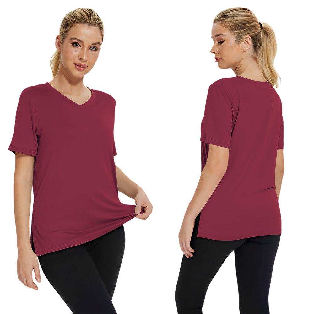 Summer New Solid Color Women's Short Sleeve Loose Split Top
