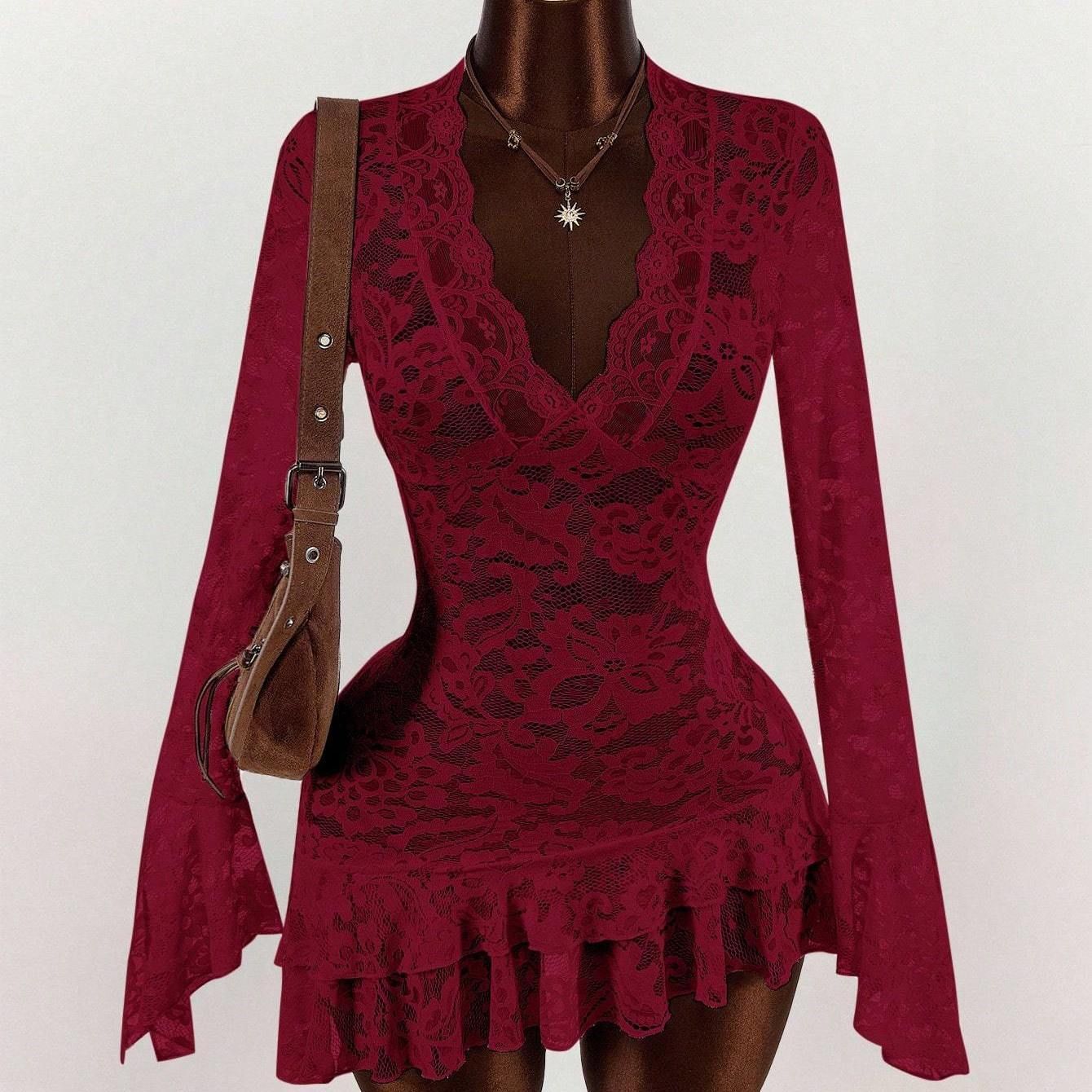 Retro Chic Cutout Lace VNeck DefinedWaist Mini Dress