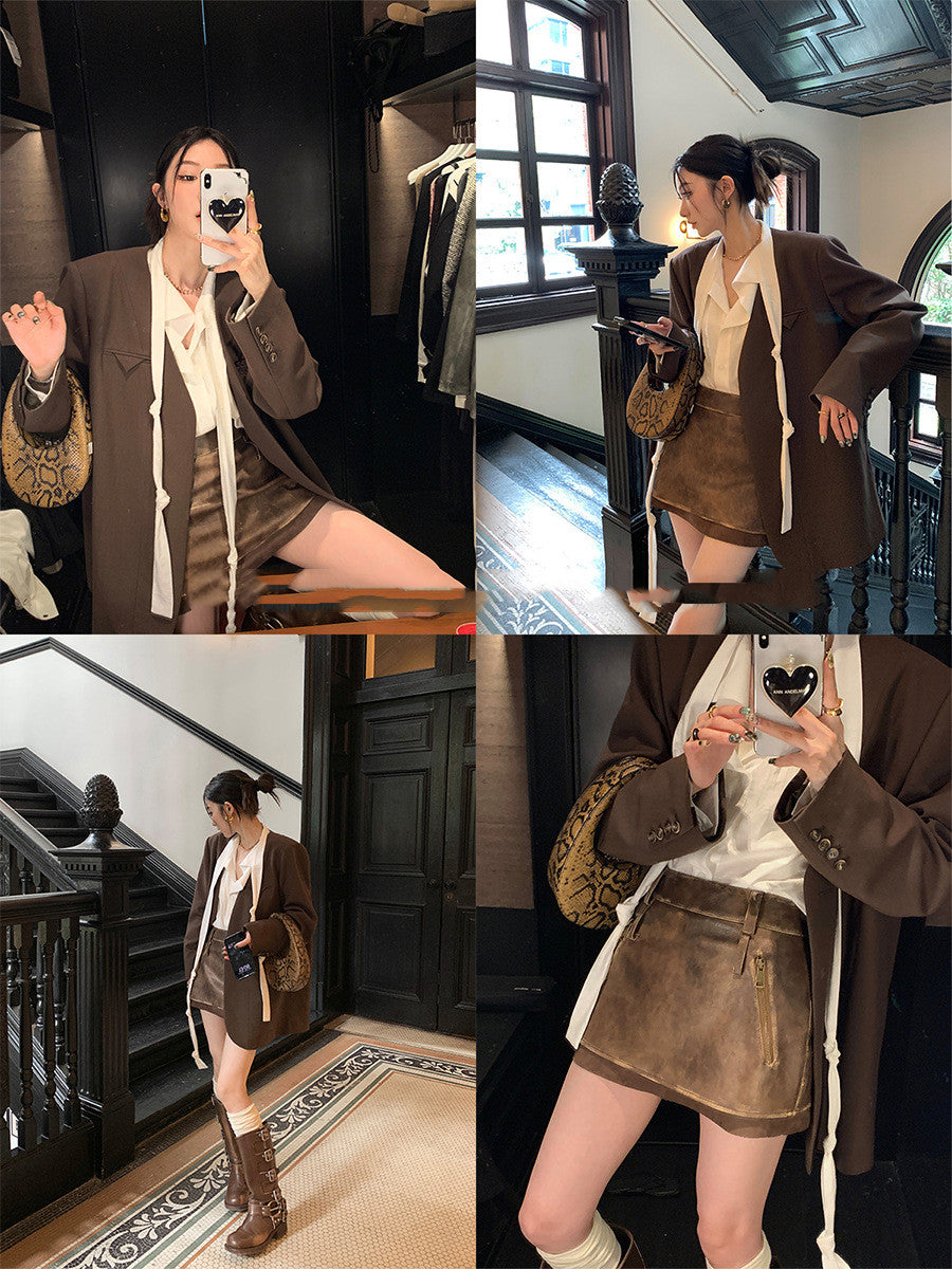 Brushed PU Leather Skirt Women's Autumn Retro A- Line