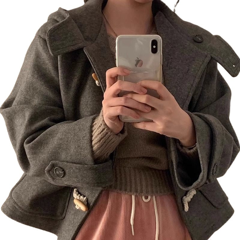 Horn Button Design Large Pocket Loose Versatile Hooded Woolen Short Coat