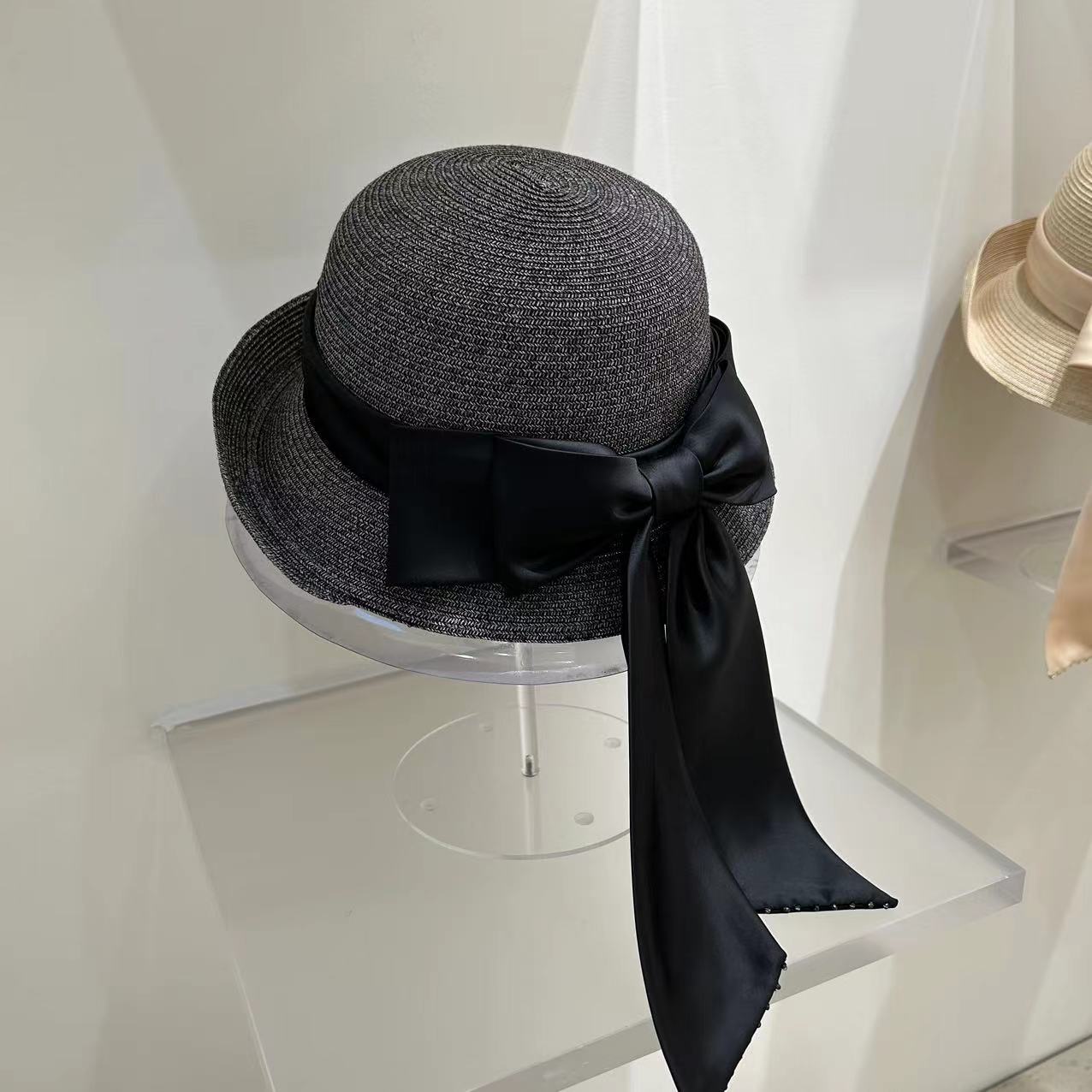 Women's Fashion Simple Large Ribbon Bow Straw Bucket Hat