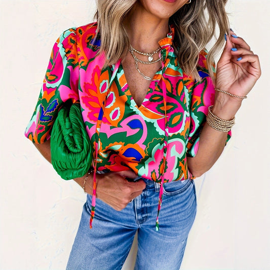 Womens Breathable V-Neck Printed Casual Shirt For Summer Workouts
