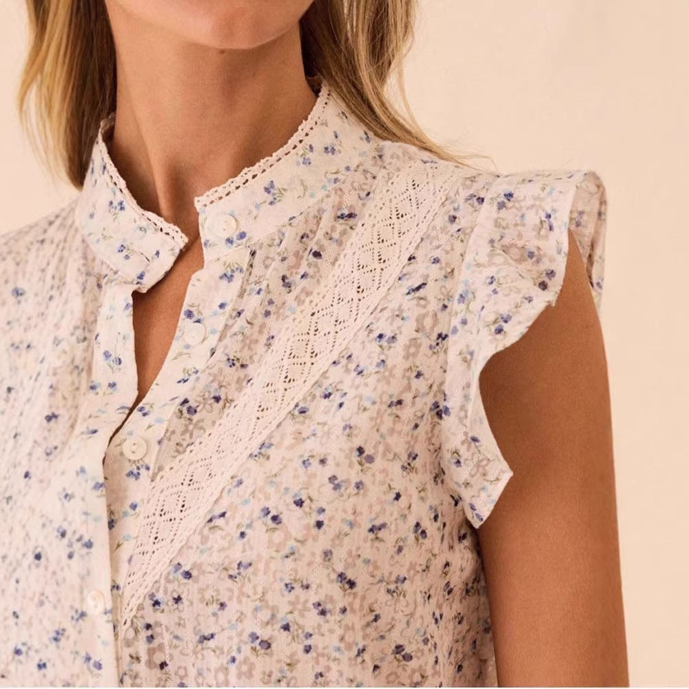 Womens Printed Floral Lace-Patchwork Cap Sleeve Shirt