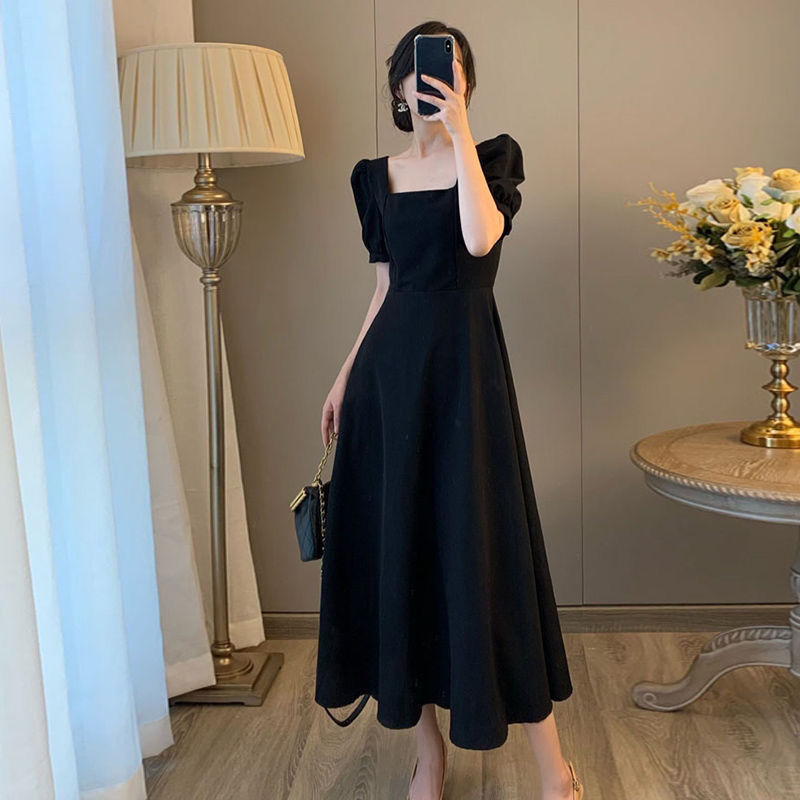 French Vintage Square Neck Wrapped Waist Slim Dress