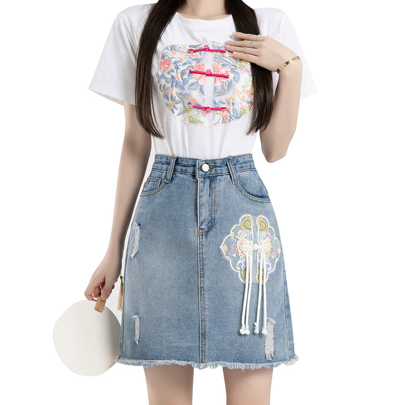 High Waist Slit Denim Skirt Vintage Embroidered Skirt