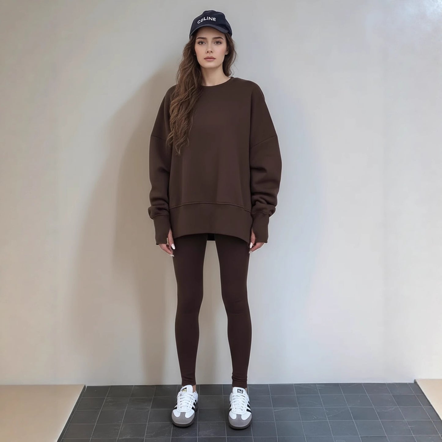 Casual Relaxed Fit Long Sleeve Crew Neck Top With Side Slits Paired With Matching Sweatpants