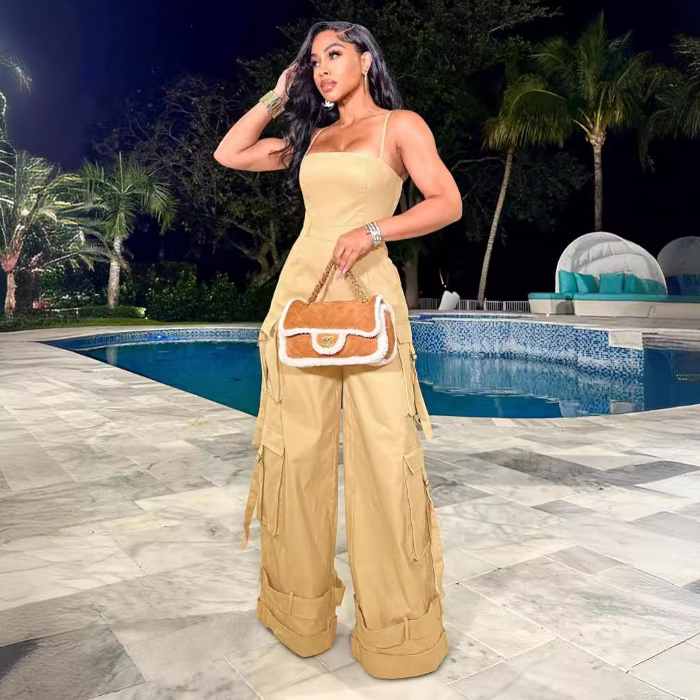 Women's Tube Top Multi-pocket Workwear Wide Leg Jumpsuit