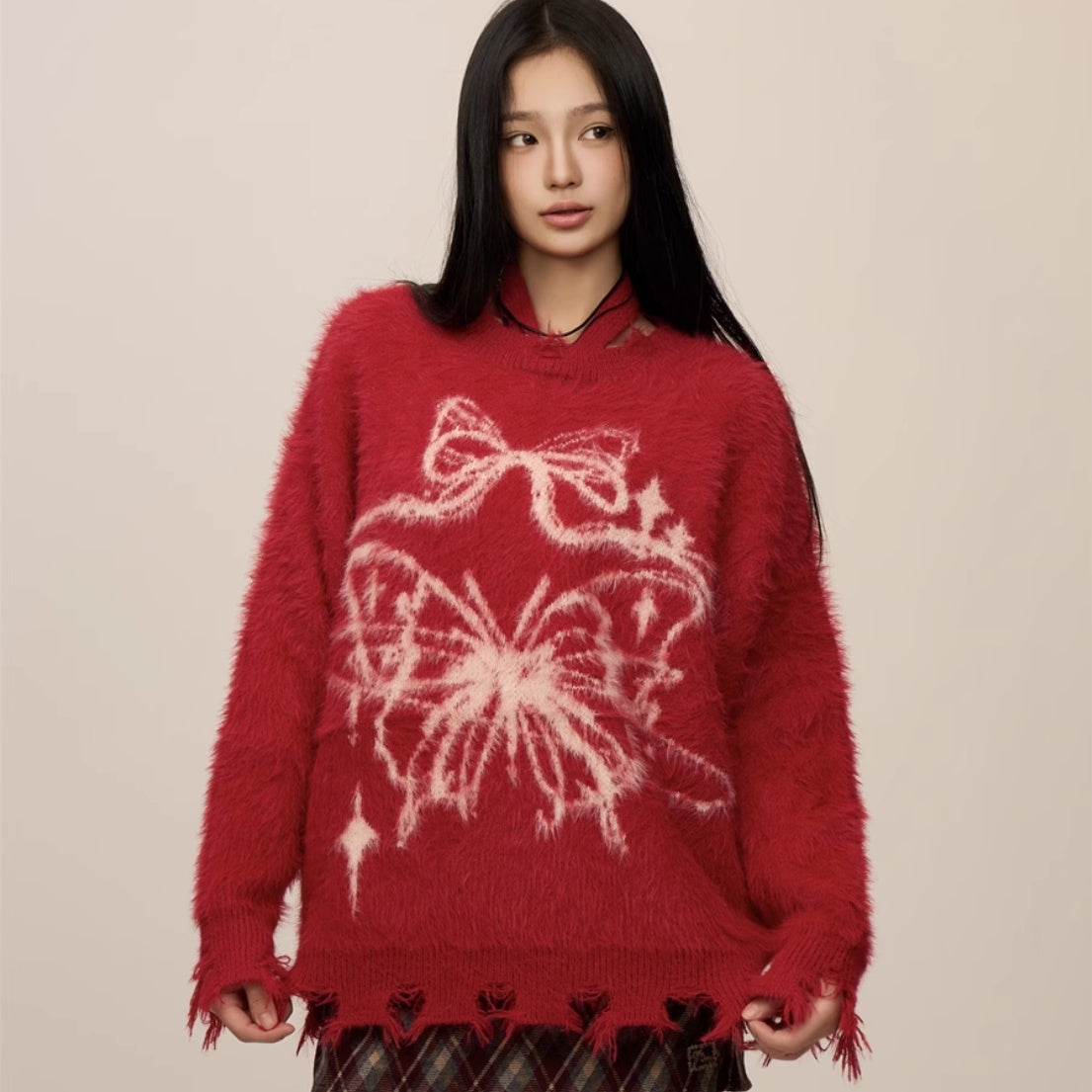 Sommerfugle-jacquard uldsweater med minklignende finish til jul og nytår
