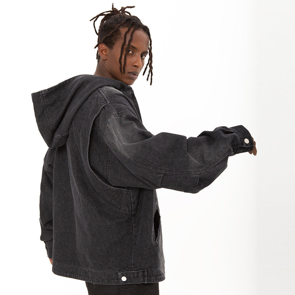 Hooded Denim Men's Spring And Autumn High Street Fashion Design Pleated Sleeve Tooling Zipper Jacket