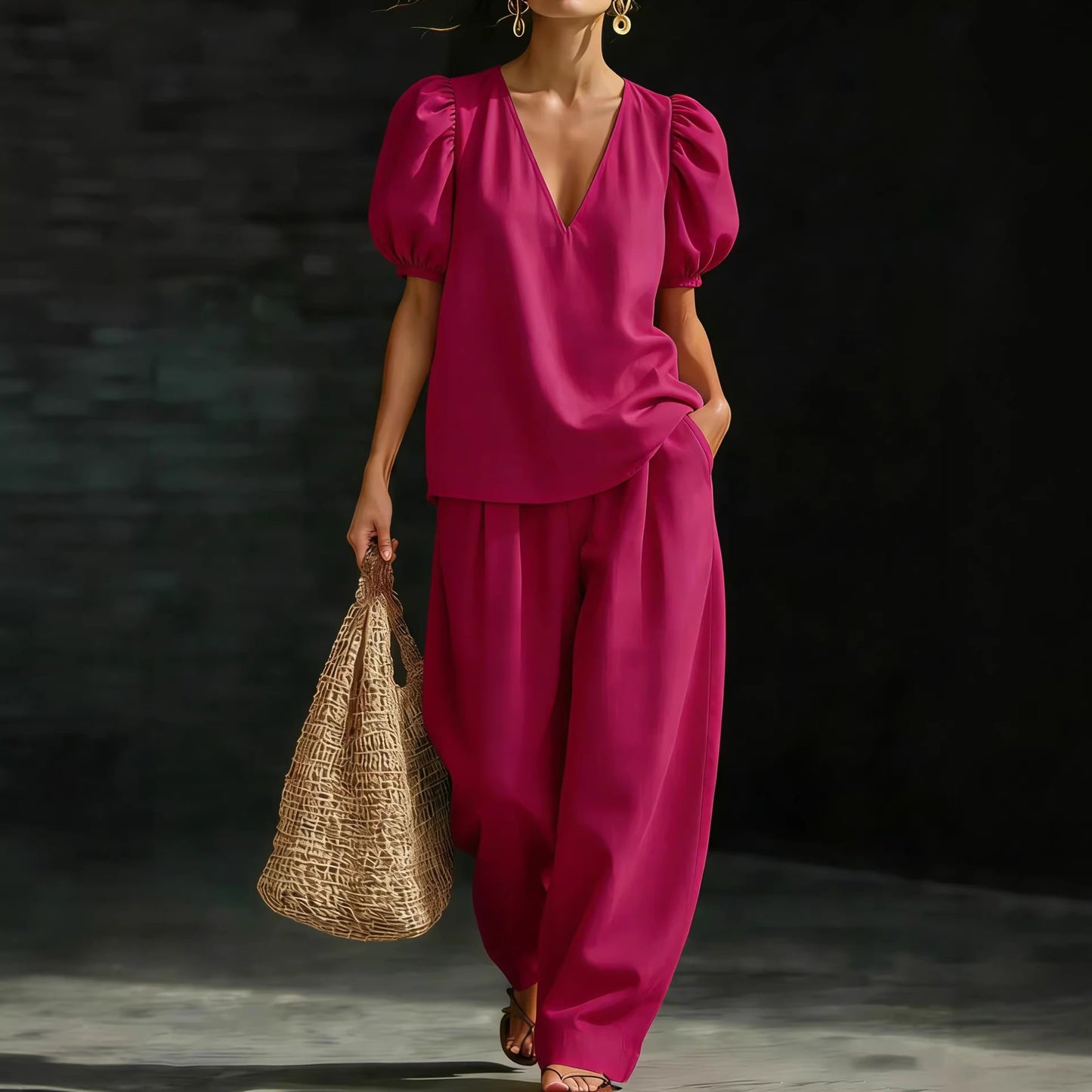 V-Neck Short-Sleeve Fashionable Casual Womens Set