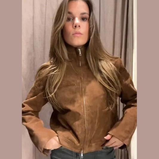 Forår Kort Suede Jakker Kvinder Brun Standkrave Lynlås