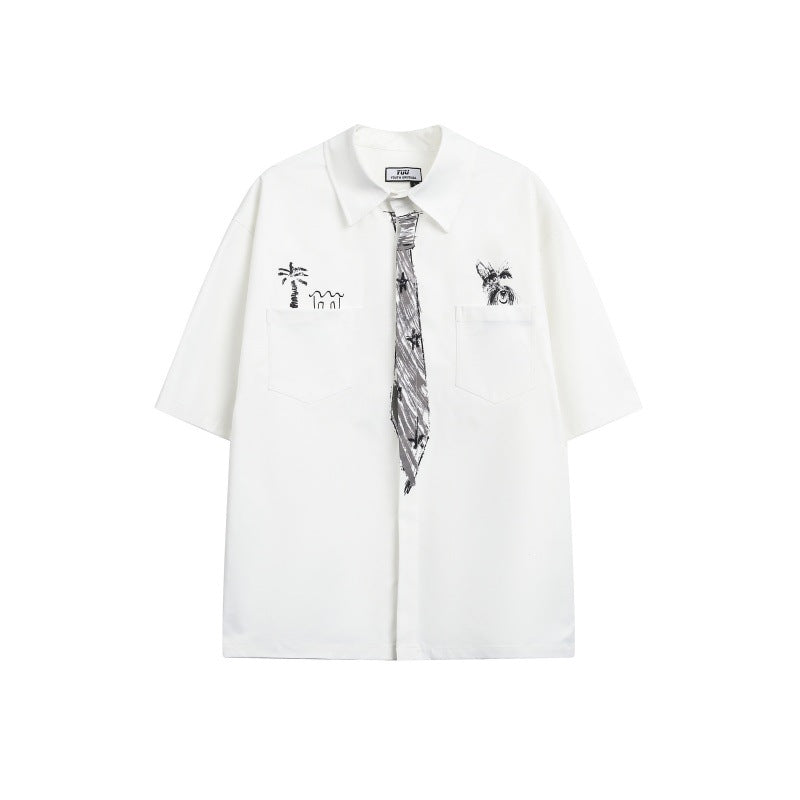 Japanese Fashion Brand Funnny And Creative Hand-painted Tie Design Men And Women Loose Shirt