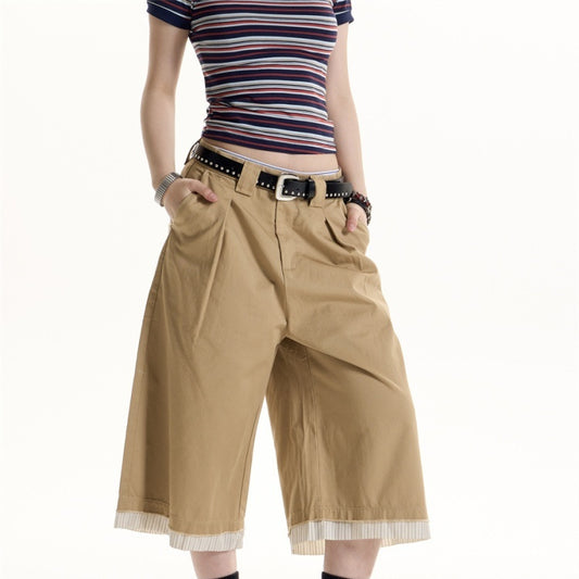 American Retro Hot Girl Patchwork Stripes Pleated Casual Shorts