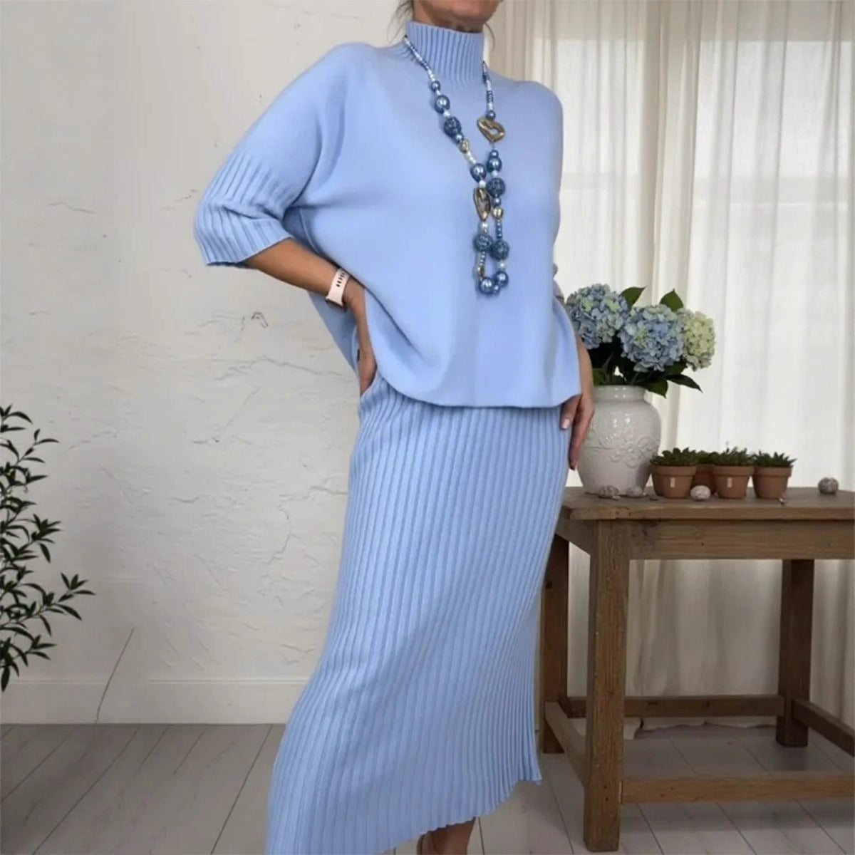 Womens Solid-Color Elegant High-Neck Knitted Sweater And Skirt Two-Piece Set