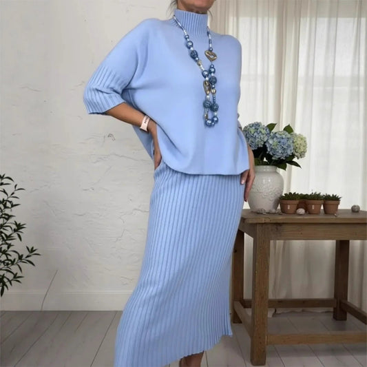 Womens Solid-Color Elegant High-Neck Knitted Sweater And Skirt Two-Piece Set
