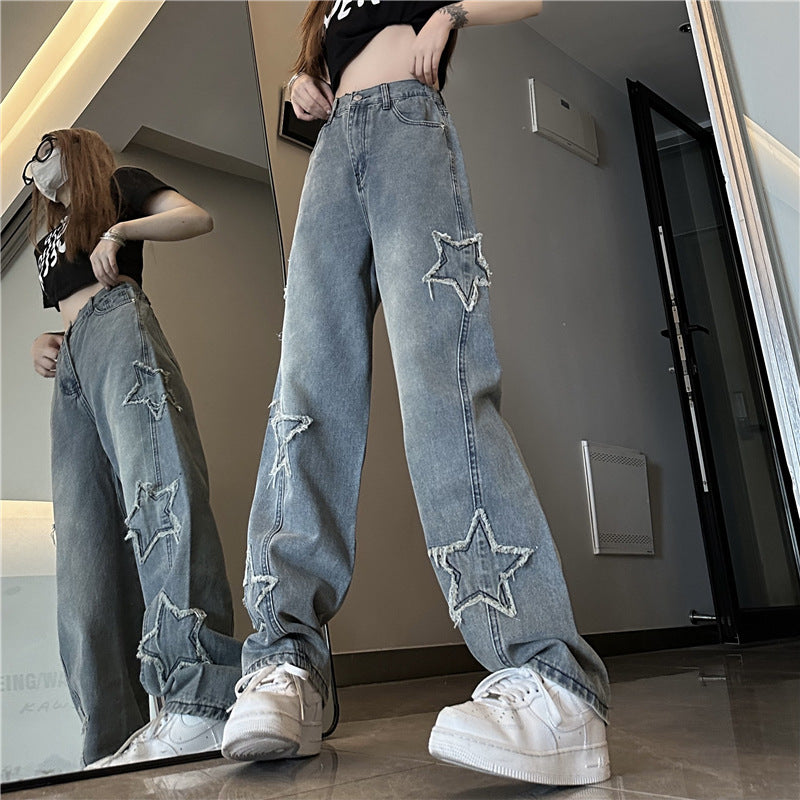 Blå XINGX Broderede Jeans Dame Løse Bukser med Lige Ben og Vide Ben