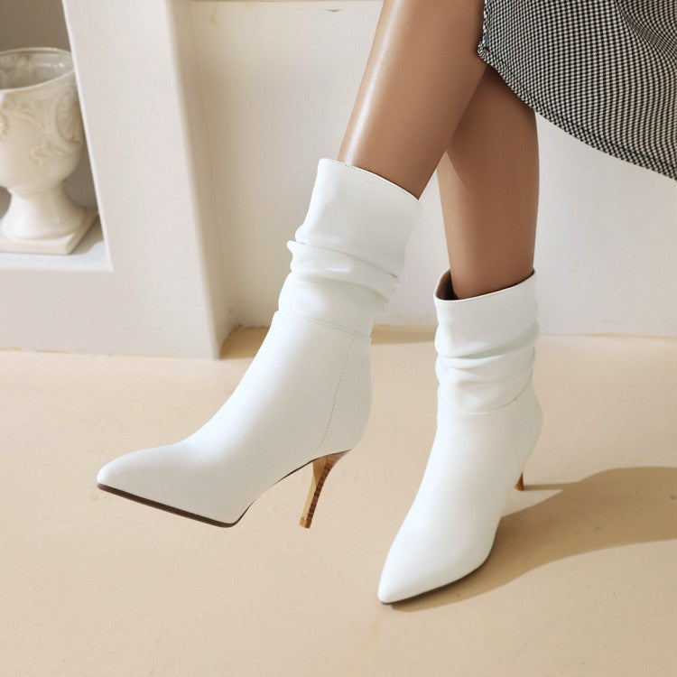 Women's Boots With Stiletto Heels And Short Pleated Mid-tube Boots