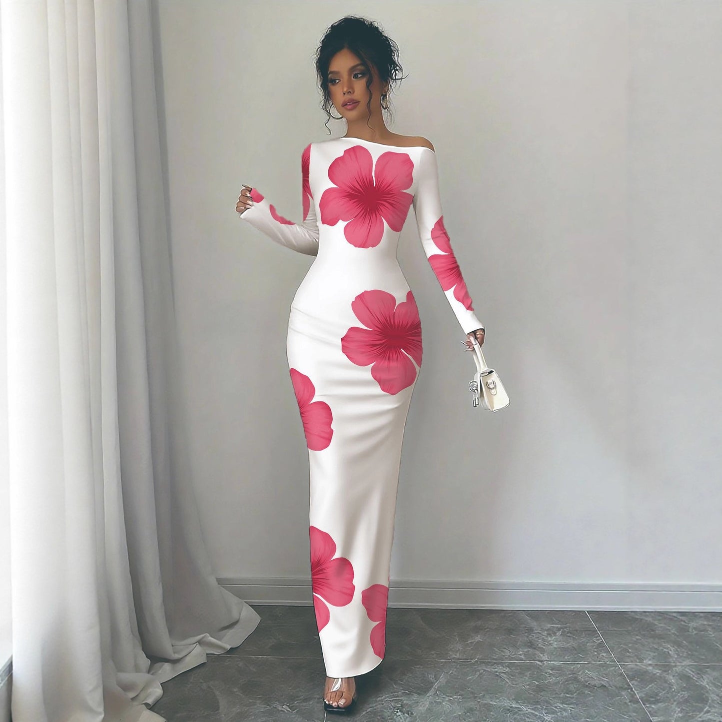 Sleek Long-sleeved Solid-color Dress That Hugs