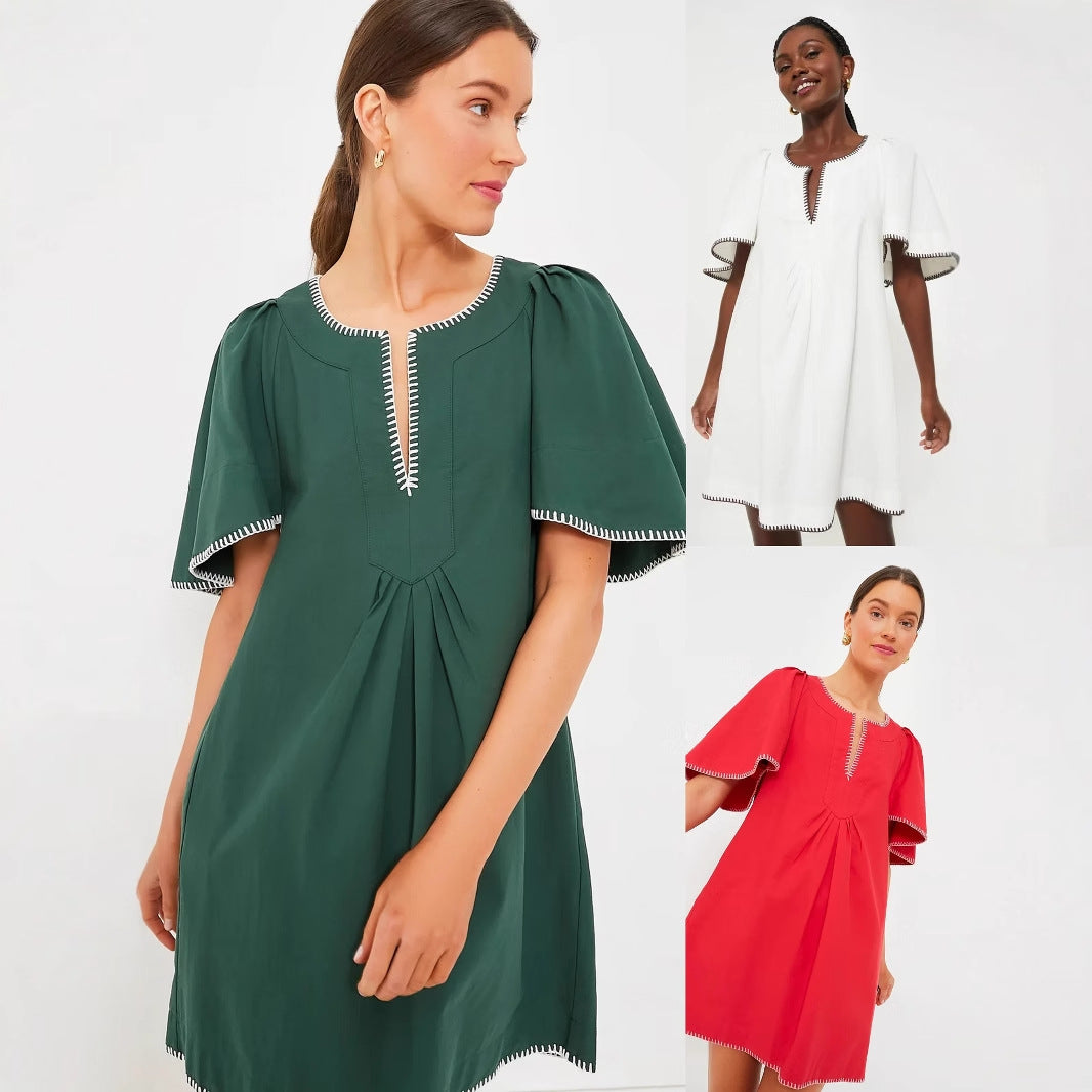 V-neck Solid-color Pleated Short-sleeve Lace Casual Summer Dress