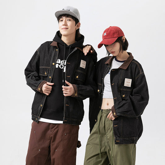 Color Stitching Turnover Neck Profile Pocket Denim Jacket