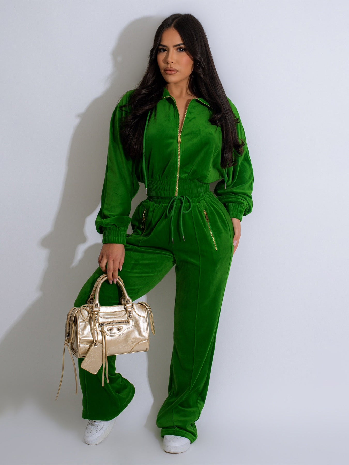 Womens Long-Sleeve Lapel Zip-Up Cardigan And Trousers Winter Two-Piece Set