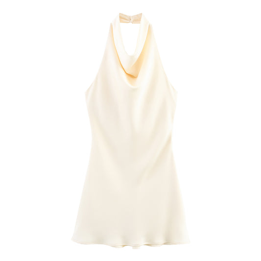Silk Satin Hanging Collar Spaghetti Straps Sleeveless Dress