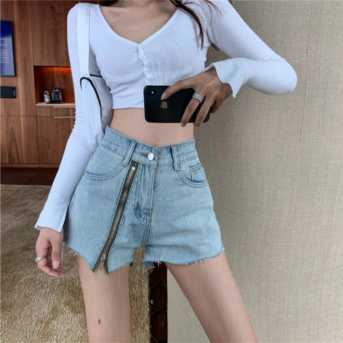wide-leg Loose Side Zipper Denim Shorts