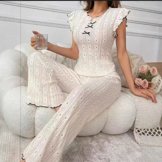 Womens Spring Summer Pajamas Luxe Lace-Trimmed Textured Floral Design Loungewear