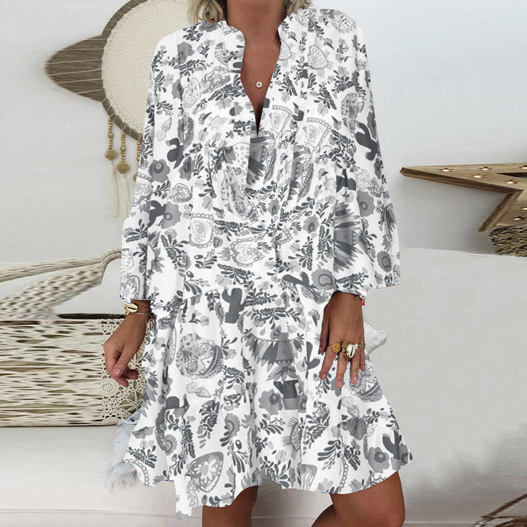 Printed Pointed Collar Button Ruffled Loose Dress