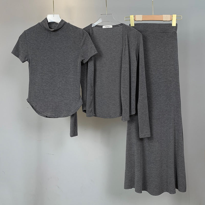 Semi-high Neck Short-sleeve T-shirt Cardigan Fishtail Skirt Three-piece Set For Women