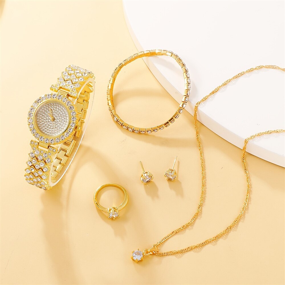 Diamond Bracelet Necklace Stud Ring Watch Jewelry Set 5pcsset