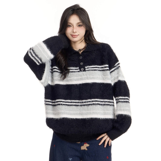 American-style Vintage Stripe Lapel Half Zipper Sweater