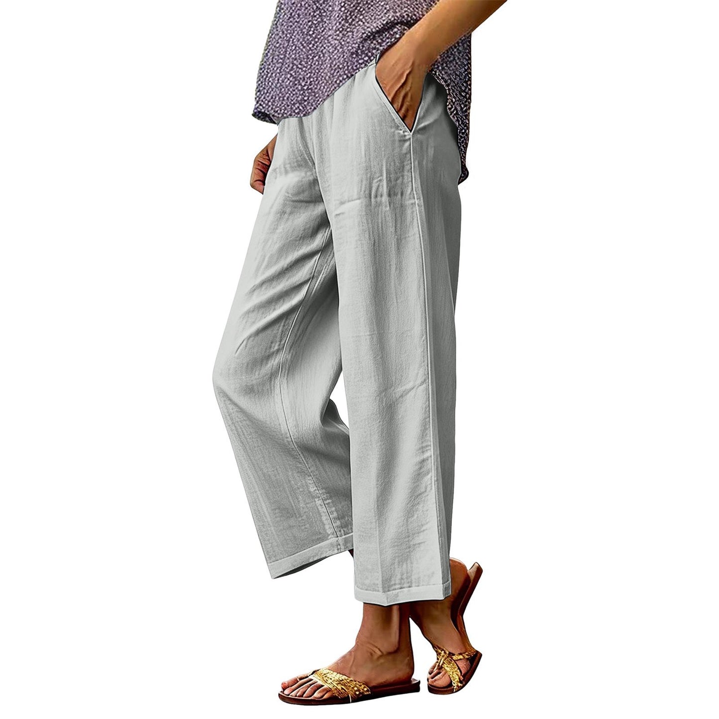 Womens Solid-Color Cotton-Linen Loose-Fit Wide-Leg Casual Pants