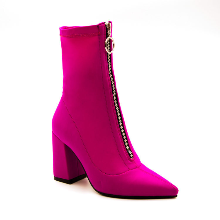 Short Boots Summer Breathable Stretch Boots High Heel Chunky Heel Pointed Toe Front Zipper Fashionable Boots Large Size Shoes