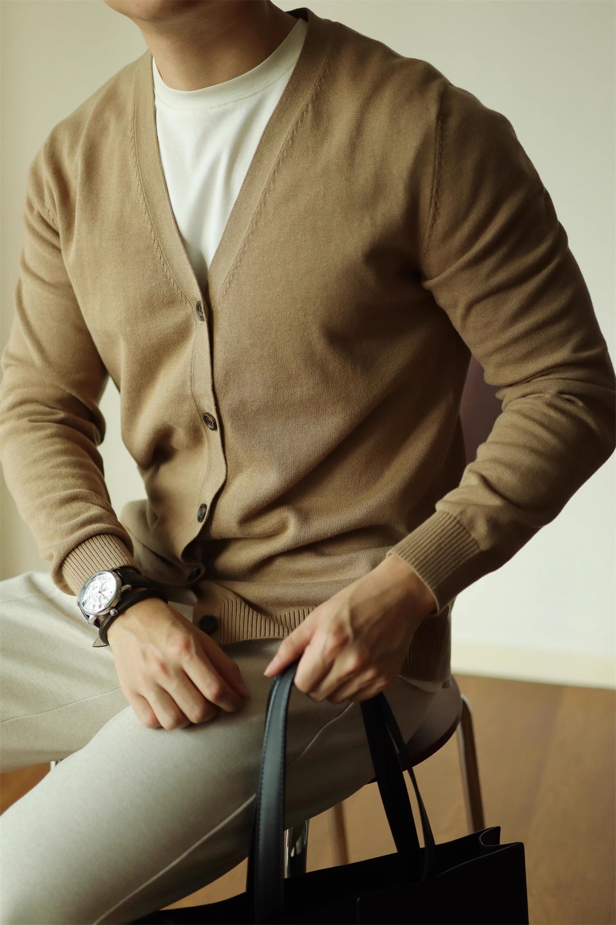 Knit Cardigan Coat Slim-fit Long Sleeve Solid Color And V-neck 100 Cotton