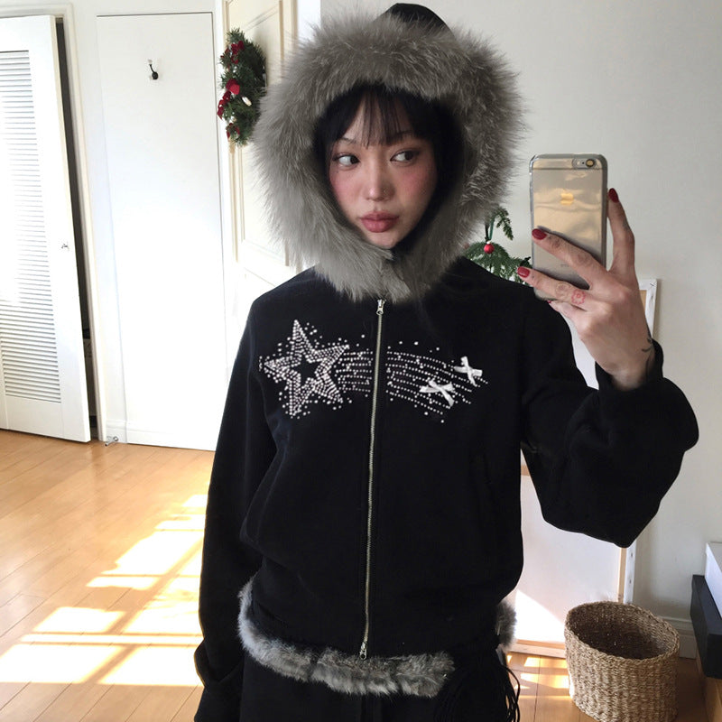 New Retro Fur Collar Stitching Zipper Sweater Cardigan