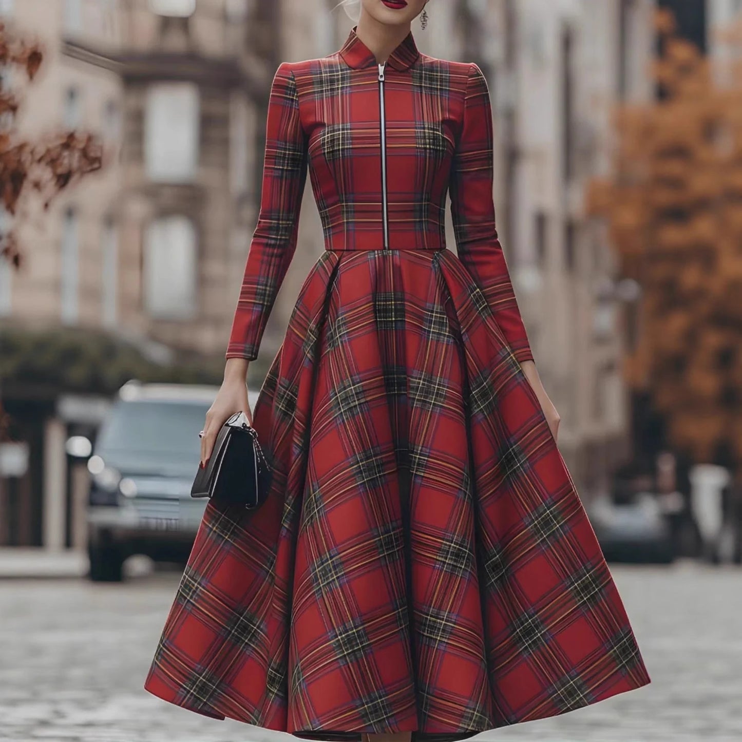 Stand-collar Long-sleeve Plaid Digital-print Zip-up Dress
