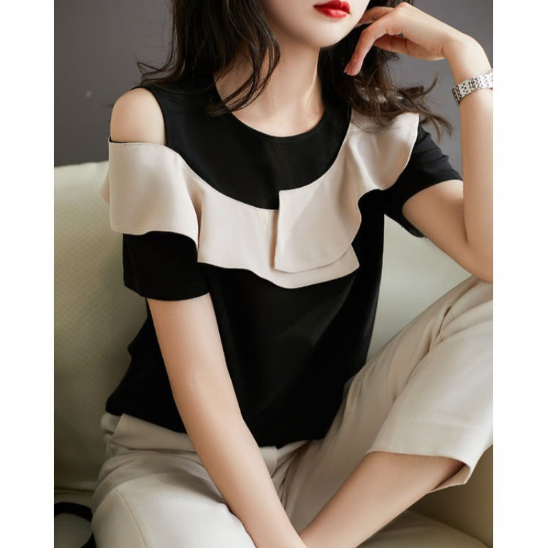 Short-sleeved Summer Clothes Loose Off-the-shoulder Ruffled Chiffon Blouse