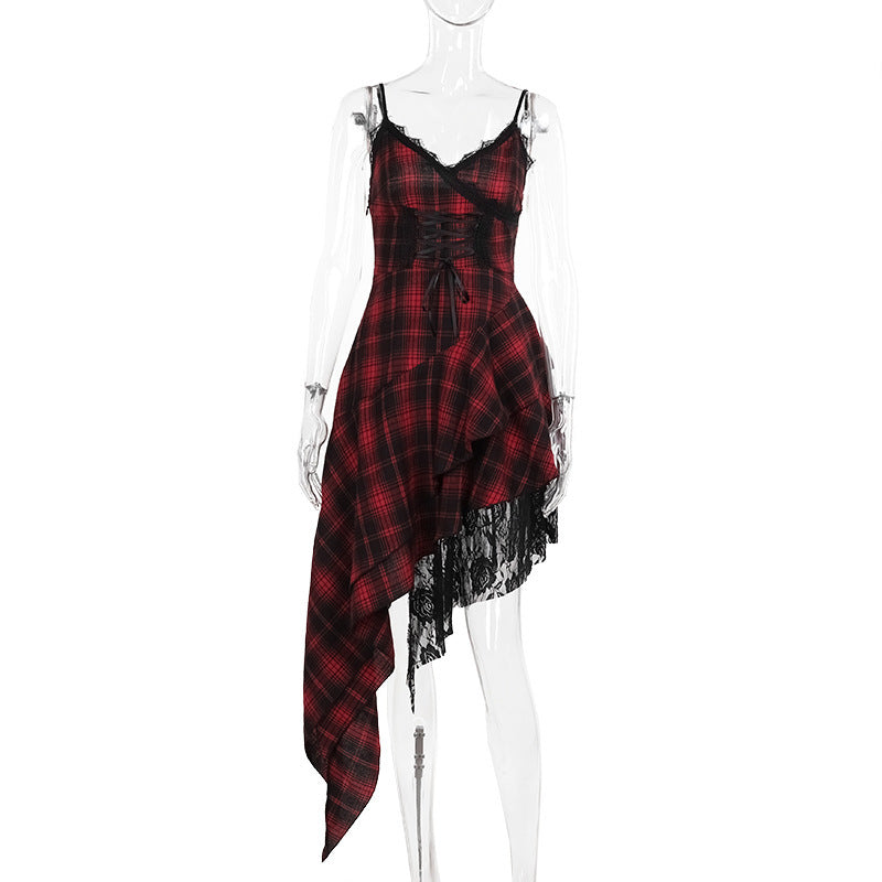Lace-up Dark-colored Irregular Patchwork Hem Plaid Dress