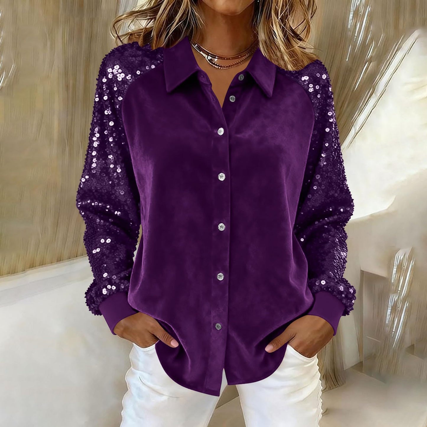 New Womens Long-sleeve Shirt In Gold Velvet With Sequin Patchwork