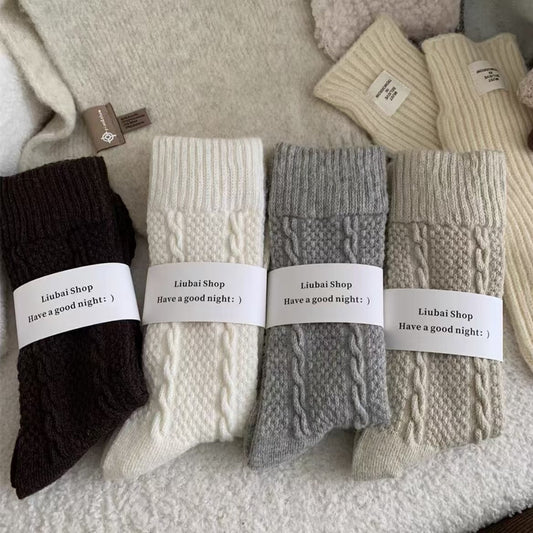 Womens Cable-Knit Wool-Blend Thickened Fleece-Lined Plush Warm Sleep Socks For Winter