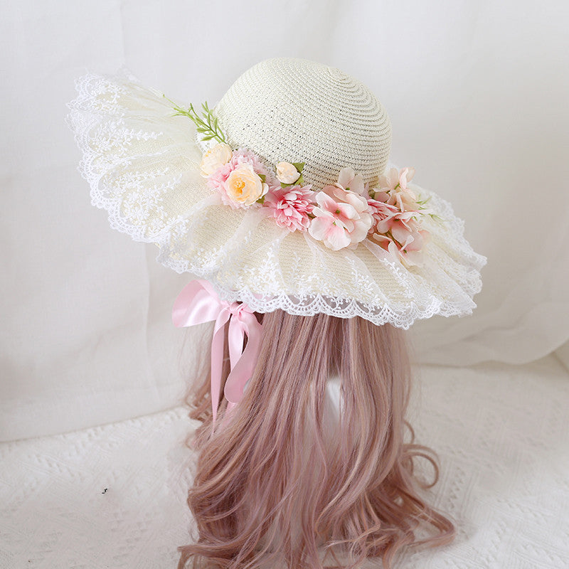 Sun Hat Travel Photo Flower Bow Lace Large Wide-brimmed Sun Hat