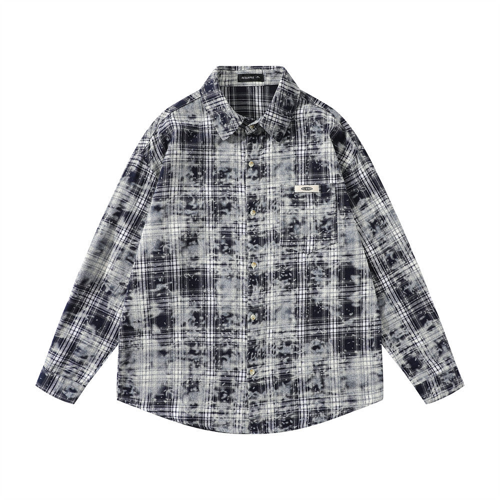 American Retro Tie-dye Distressed Plaid Long Sleeve Shirt Men