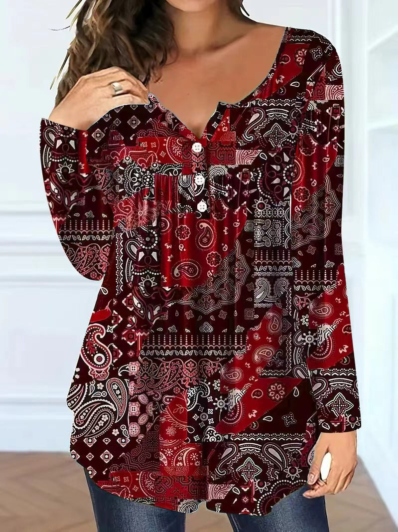 Paisley Mønster Elegant Løs Knap V-hals Top Dame T-shirt