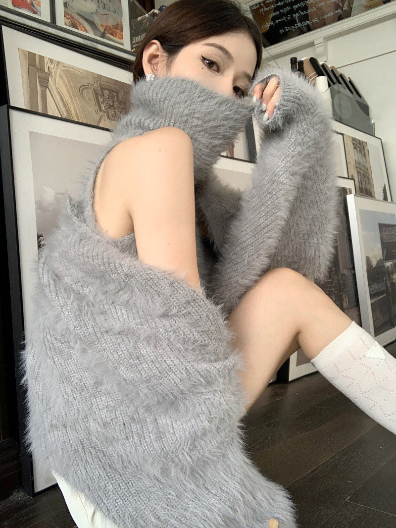 Mink Fur Halter Pure Sweet Hot Girl Sweater Vest Suit