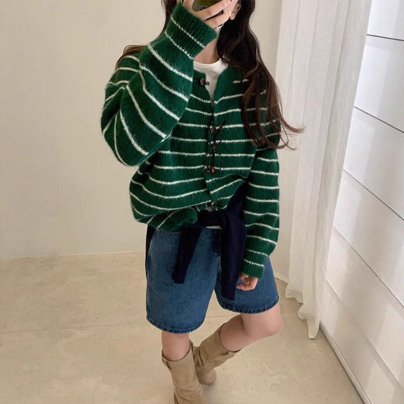 Mixed Color Stripe Long Sleeve Women's Sweater Jacket